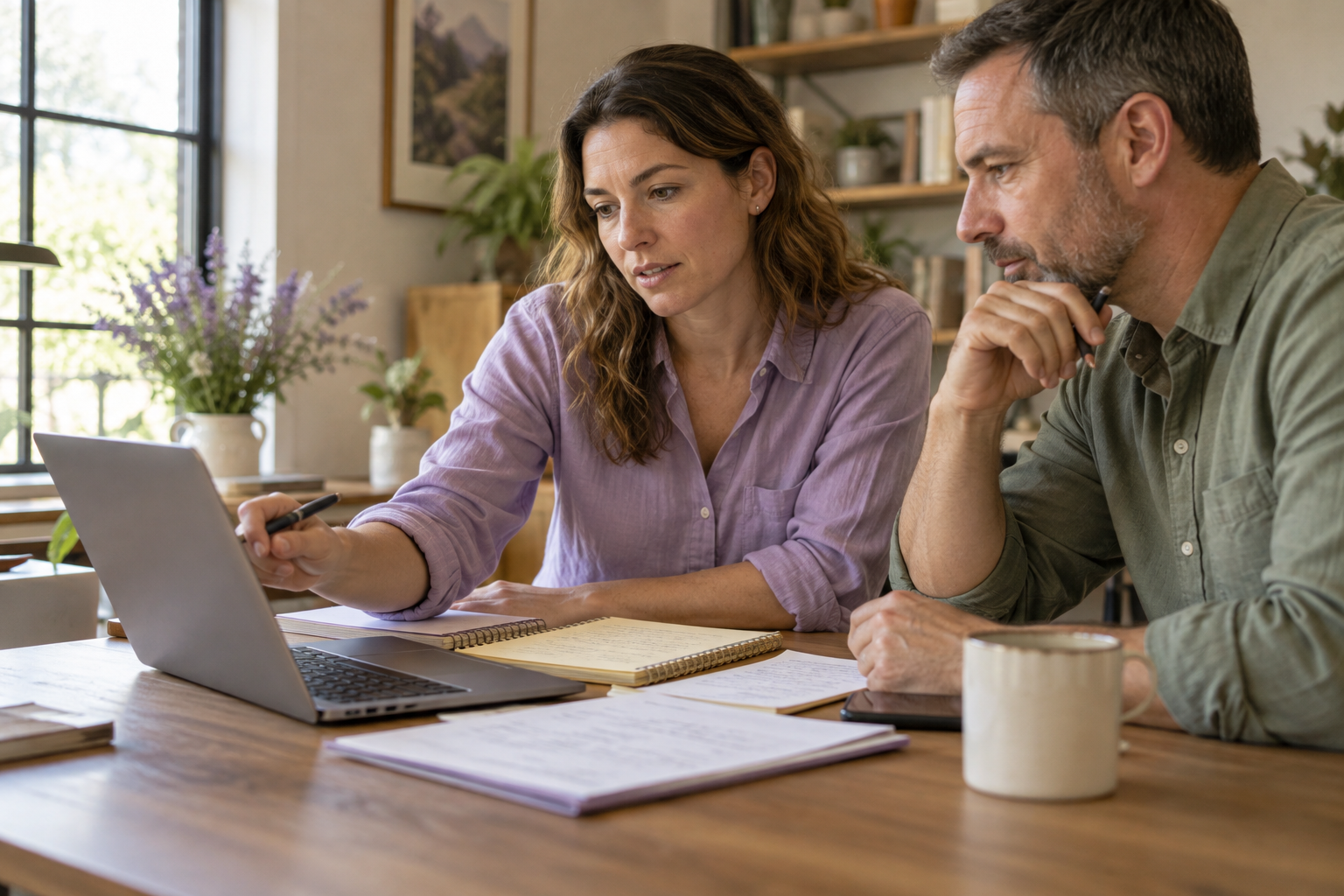 Illustrative workplace scene with two professionals reviewing work together
